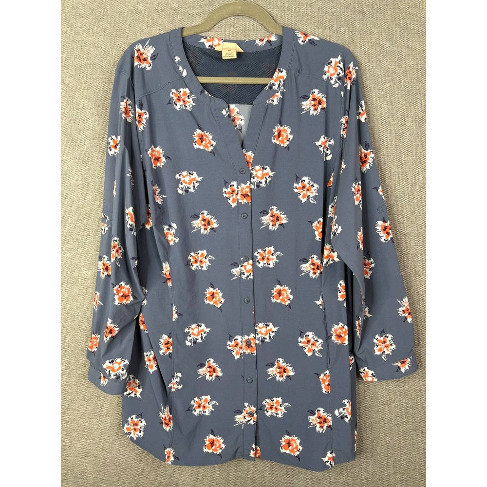 Duluth Trading Top Womens 1X Blue Red Floral Button Up Nylon Zip Pocket Cottage